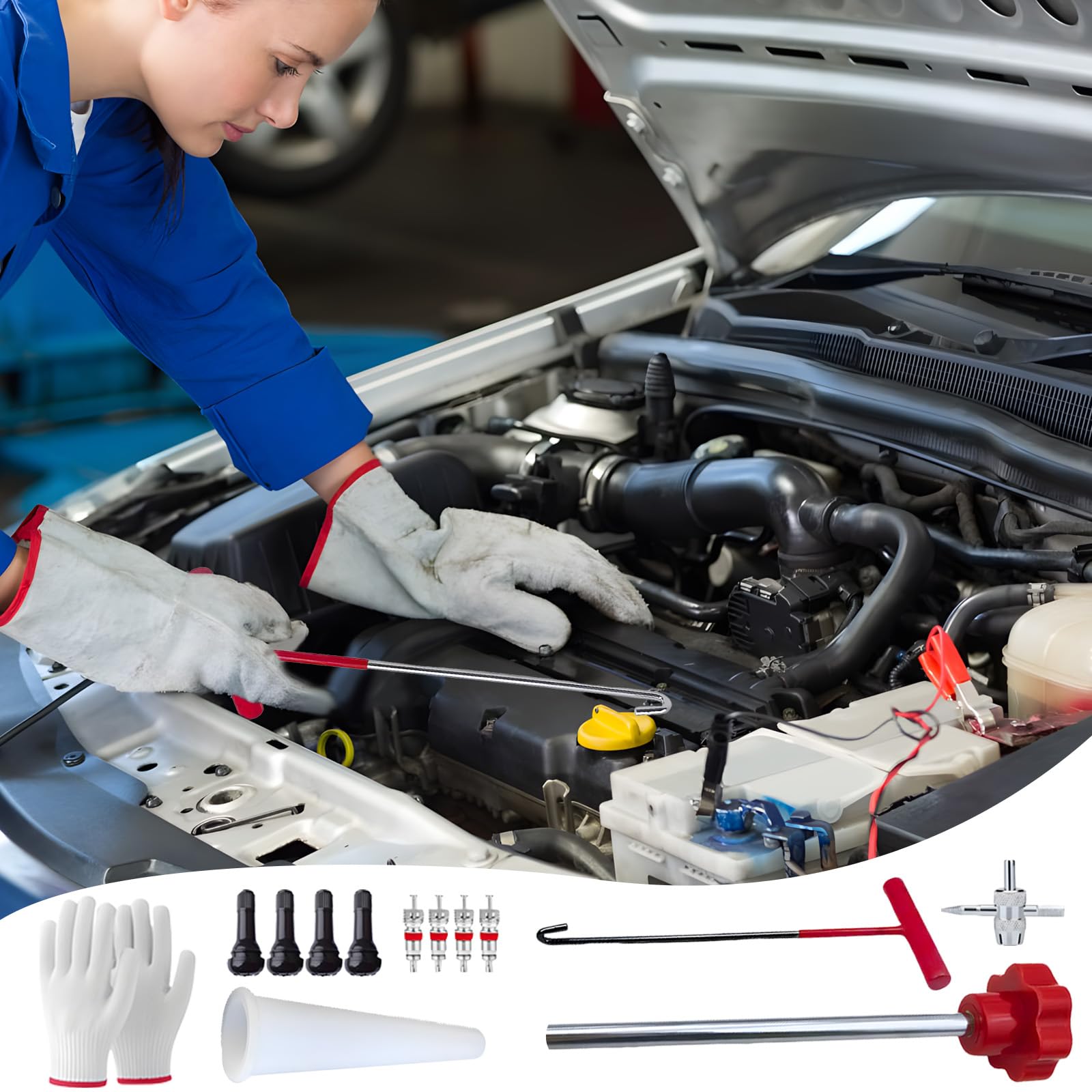 ZHAO GE 7 Stück Reifenventil Werkzeug Set, Ventil Installationswerkzeug Set, Vorbauabzieher, Hakenwerkzeug, Hilfswerkzeug und Handschuhe, für Auto, LKW 5