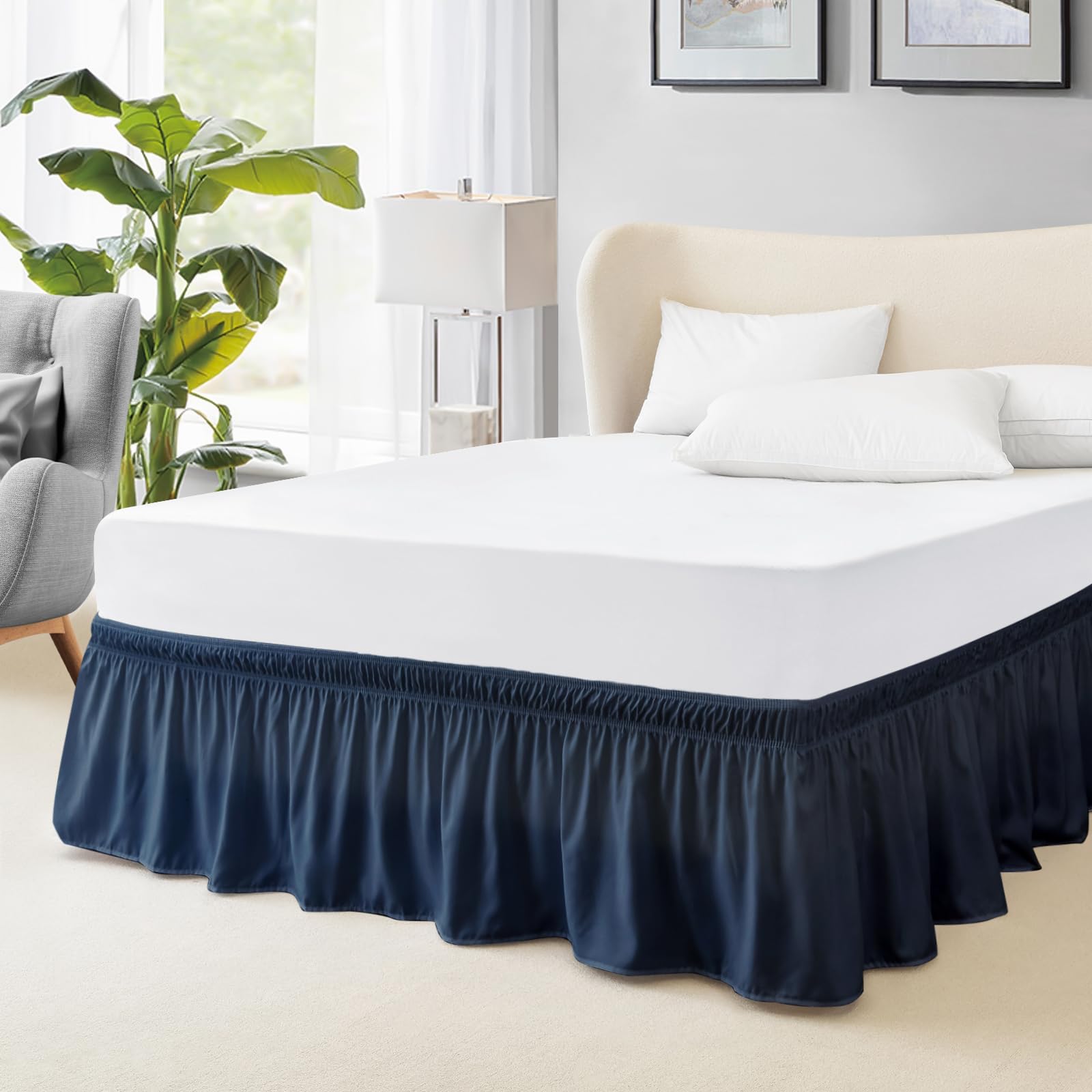 Photo 1 of FreshCulture Elastic Wrap Around Bed Skirt - Easy Fit with 22-Inch Tailored Drop, Hotel Quality Dust Ruffle for Full Size Bed (Navy Blue)