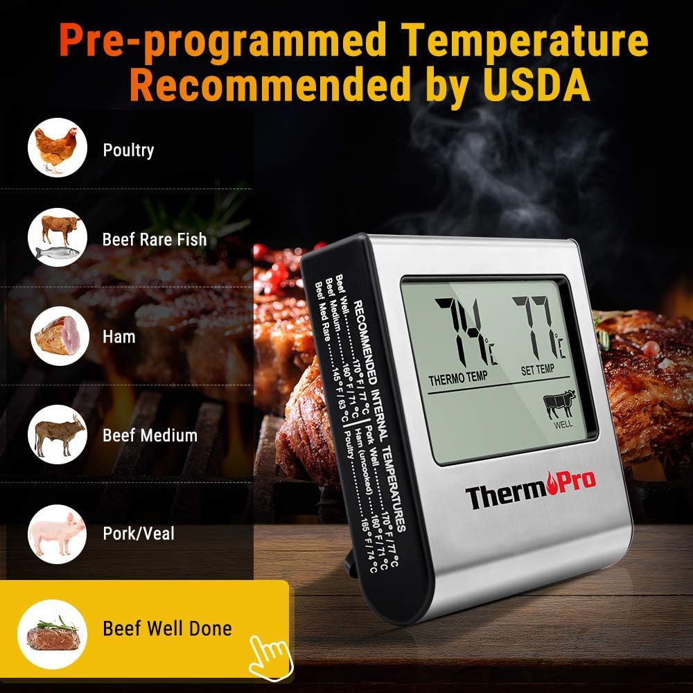 ThermoPro TP-16 Large LCD Digital Cooking Food Meat Smoker Oven Kitchen BBQ Grill Thermometer Clock Timer with Stainless Steel Probe: Kitchen & Dining
