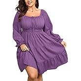 SHESTARR Women's Plus Size Dresses Square Neck Long Sleeve Tie Front Textured A Line Mini Dress