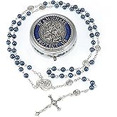OEMOO Saint Michael the Archangel Blue Pearl Beads Catholic Rosary Necklace with Metal Gift Box for Men in Metal Gift Box