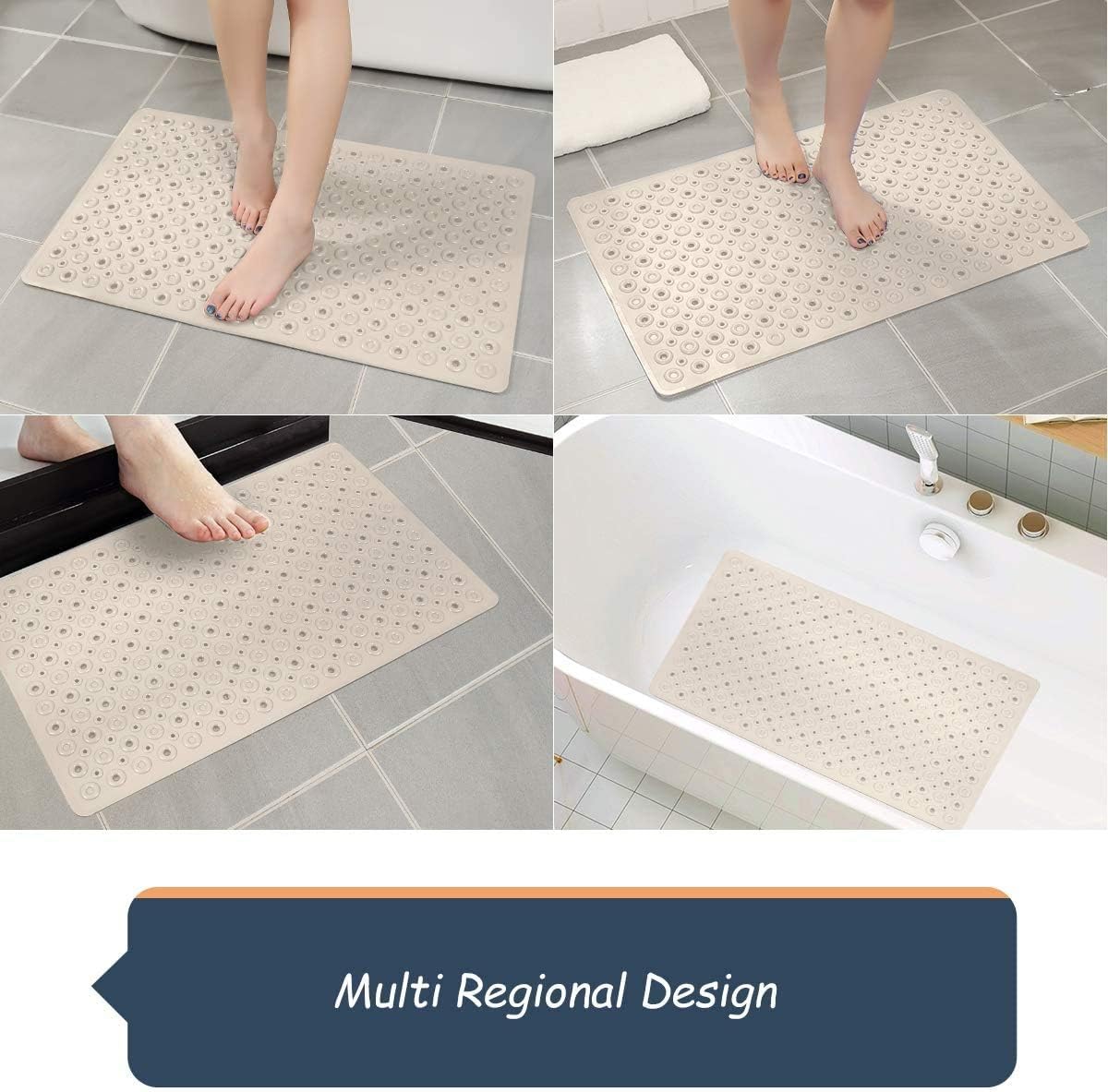 Bsicpro Bath Tub Shower Mat Non-Slip Bath Mat for Tub and Shower 35"x16"Upgrade Reinforced Large Suction Cups and Circle Hole Massage Enlarged Design of Central Drain Hole (Beige): Kitchen & Dining