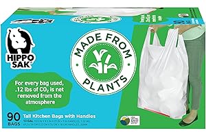Hippo Sak - Plant Based Tall Kitchen Garbage Bags with Ergonomic Handles - 13 Gallon Trash Bags - Recyclable & Eco Friendly - Super Strong and Leak Proof Tall Kitchen Trash Bags (90 Count)