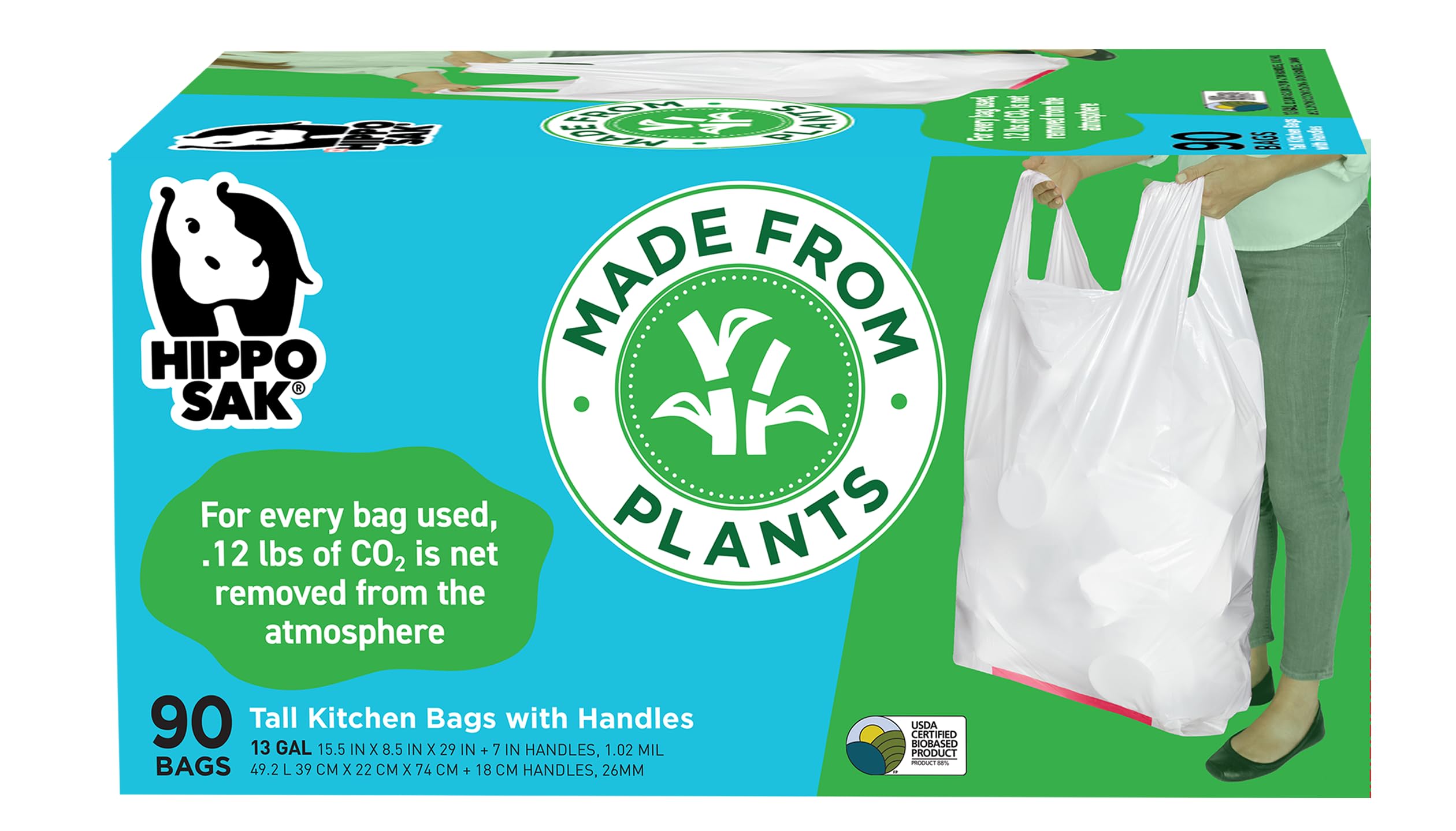 Photo 1 of Hippo Sak - Plant Based Tall Kitchen Garbage Bags with Ergonomic Handles - 13 Gallon Trash Bags - Recyclable & Eco Friendly - Super Strong and Leak Proof Tall Kitchen Trash Bags (90 Count)