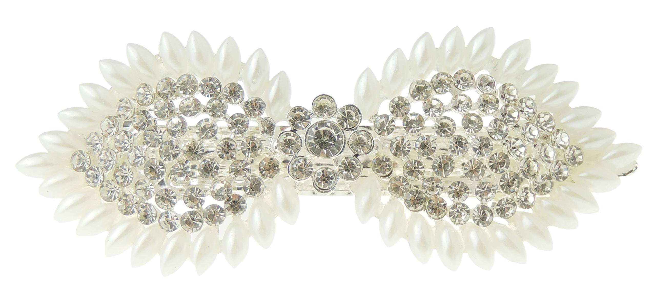 Sparkly Womens Girls Crystal Rhinestone Diamante Wedding Bridal Party Evening Ponytail Fine Hair Accessories Occasion Barrette Hairpin Grip French Metal Spring Clip Silver Tone Faux Pearl Bow Wings