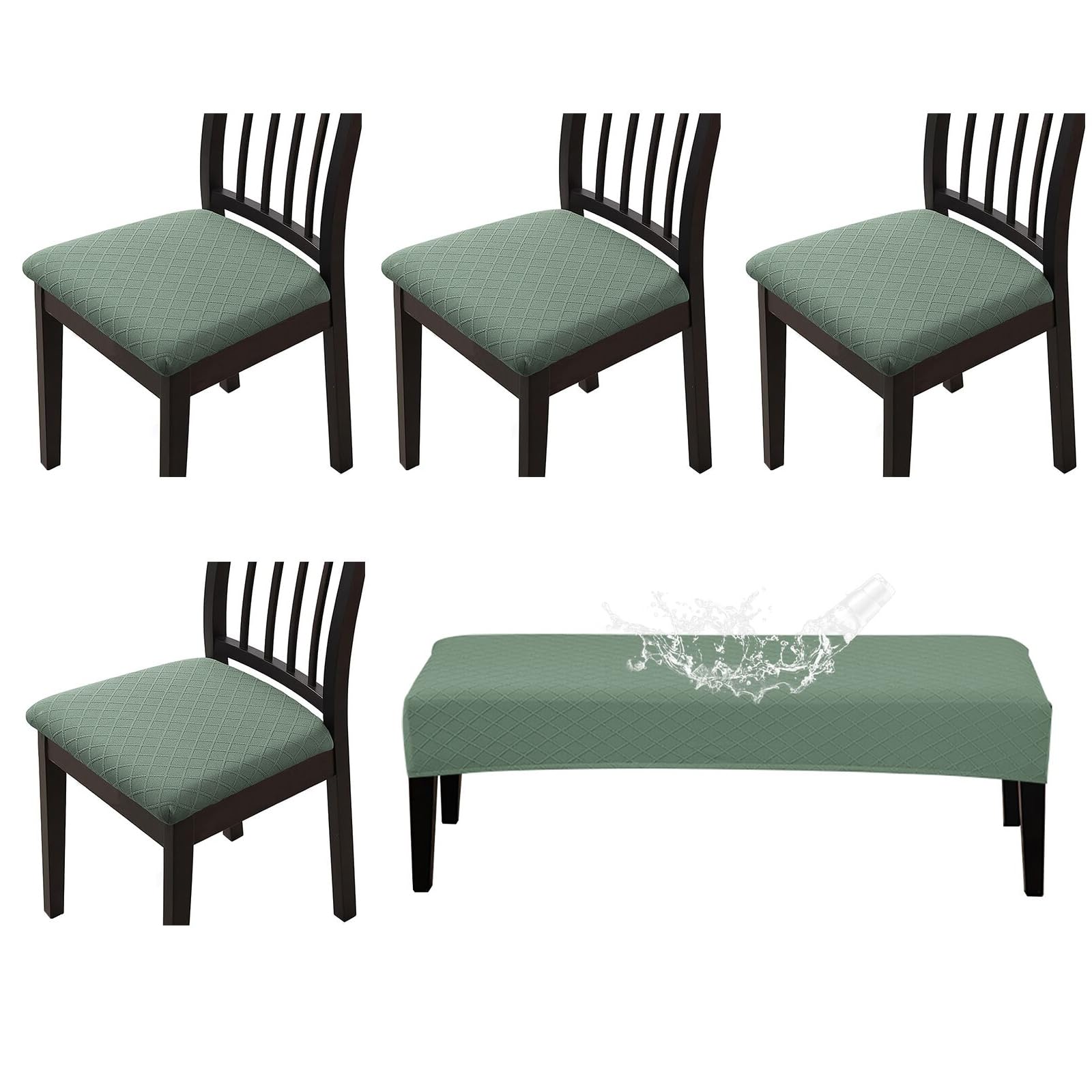 Photo 1 of CALBODE Waterproof Seat Covers for Dining Room Chairs Set of 4 with Stretch Bench Slipcover Jacquard Chair Covers Removable Washable Kitchen Chair Seat Cushion Protector(Sage Green 5 PCS)