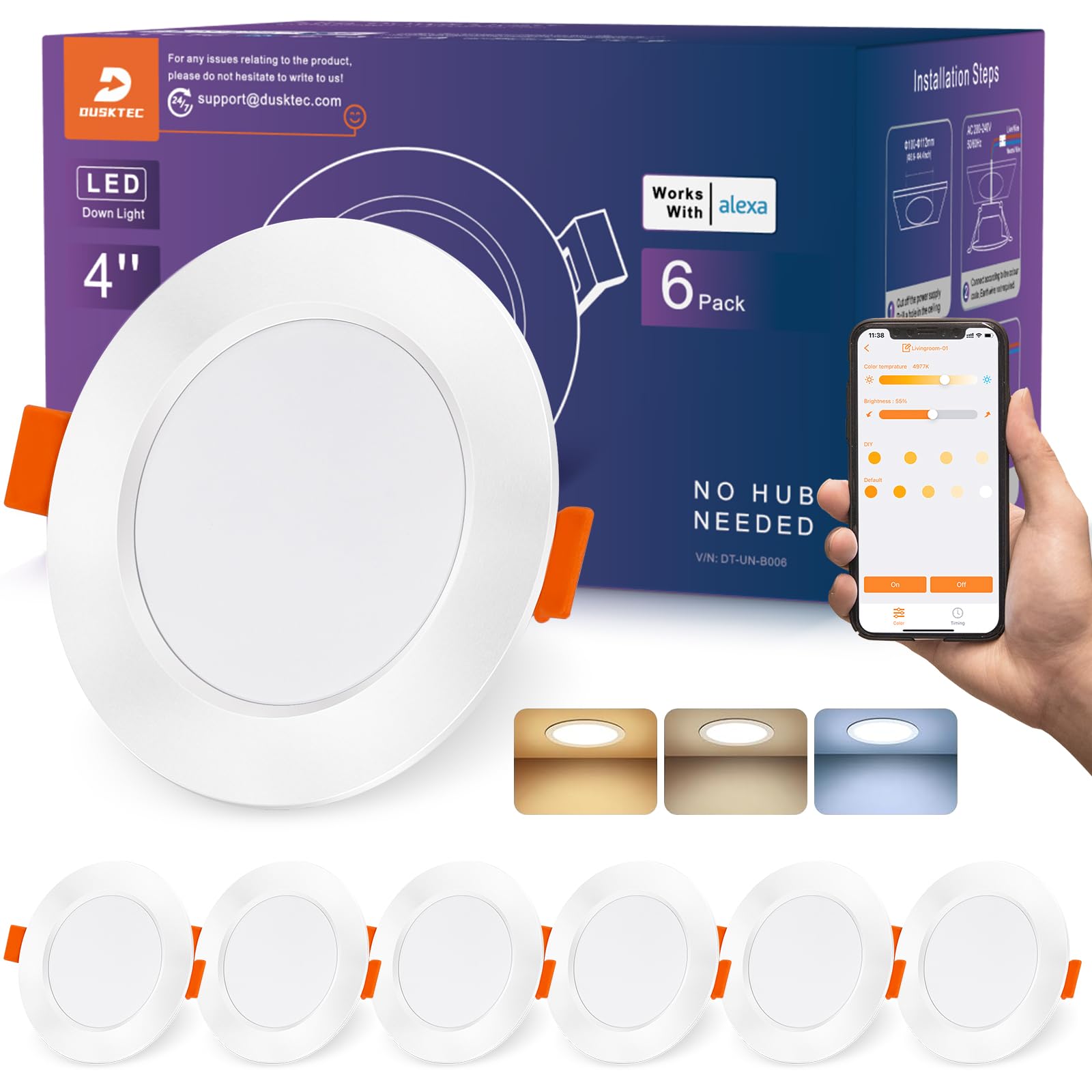 DUSKTEC Smart Recessed Downlights 100mm 10W, Work with Alexa, APP & Voice Control, Dimmable 2700K-6000K Warm Neutral Cold White Tunable Spot Light, LED Recessed Ceiling Spotlights, 6 Pack