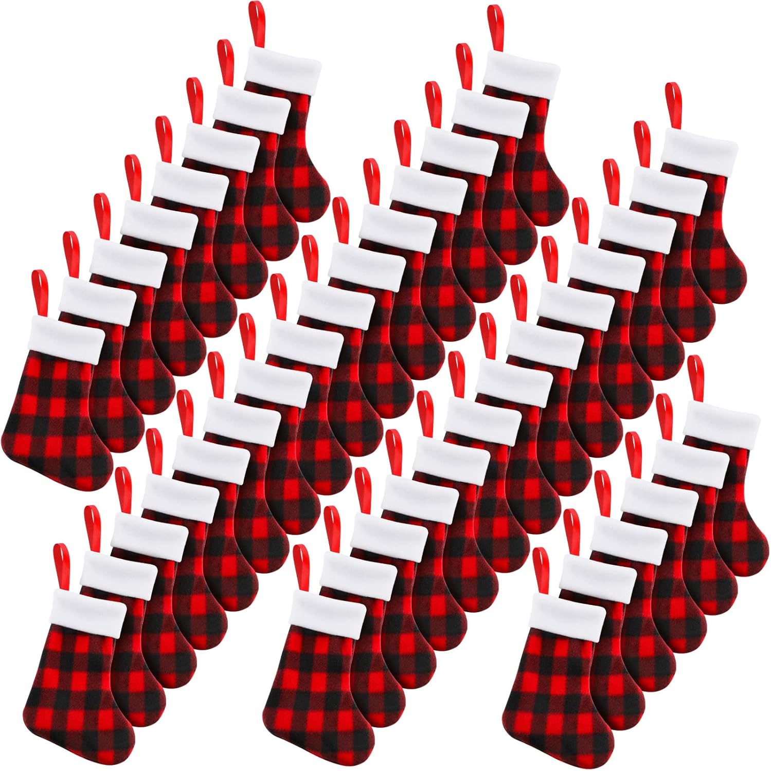 Stockings & Holders - BBTO Plush Cuff Christmas Stockings Buffalo Plaid Hanging Stockings Xmas Mini Stocking Socks Decoration Stocking Candy Holder Stocking Tableware Holders for Dinner Table (Red and Black, 60 Pieces)