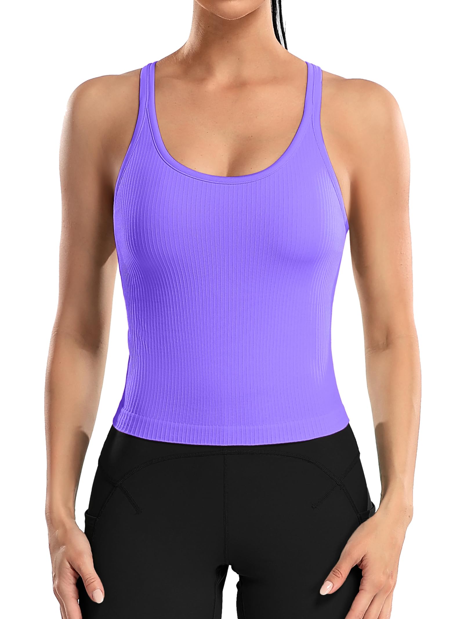 Photo 1 of ATTRACO Womens Sports Bra Tank Top Tight Fitting Ribbed Crop Top Yoga Racerback Gym Clothes M Purple