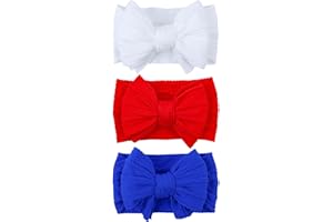 LemonSpace Handmade Headband for 4th of July Blue Baby Bow Newborn Accessories Infant Girls Hair Bows Red White and Blue Stretchy Soft Nylon Baby girl Bows Newborn Toddlers Headwrap