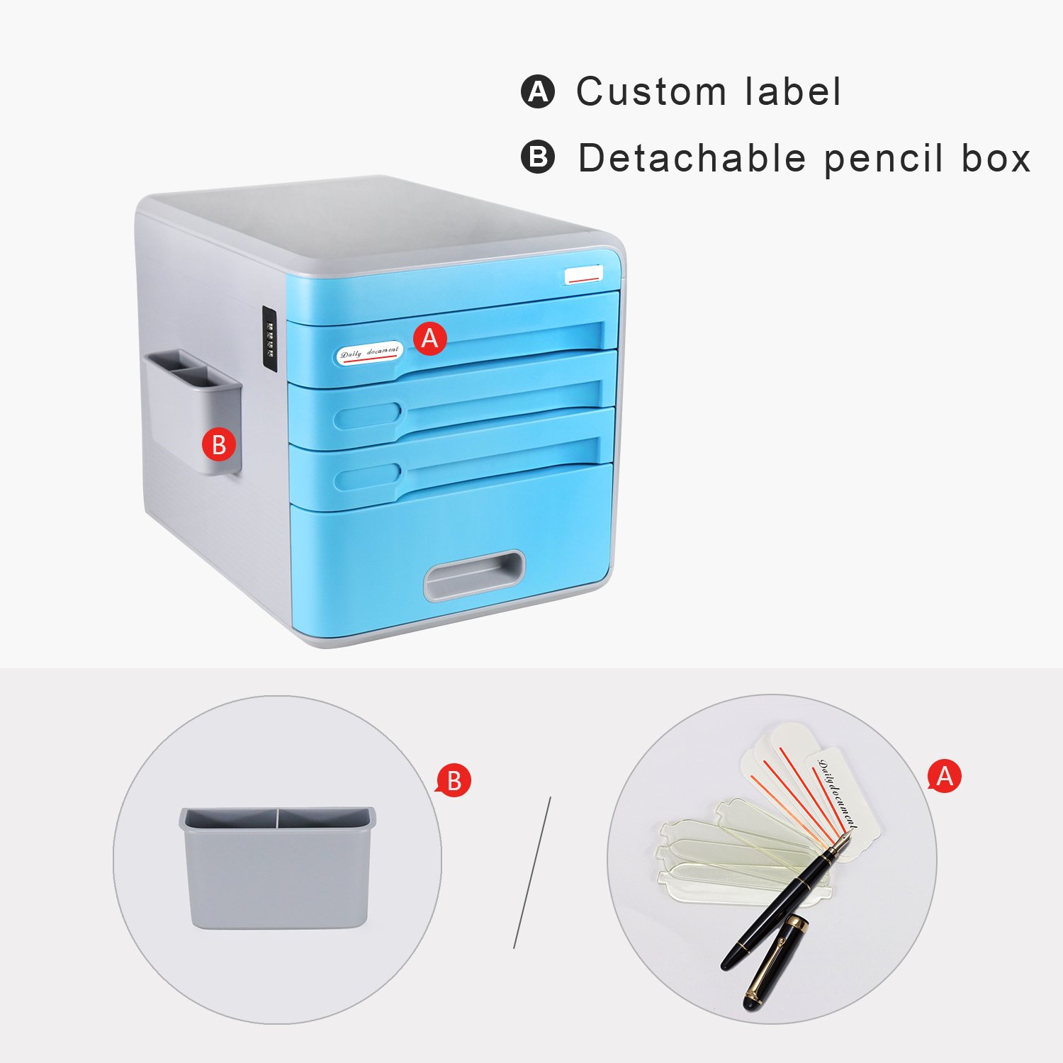 Plastic Storage Drawers Desk Storage Unit Organizer Lockable File Cabinet A4 Box For Office ,Cyan