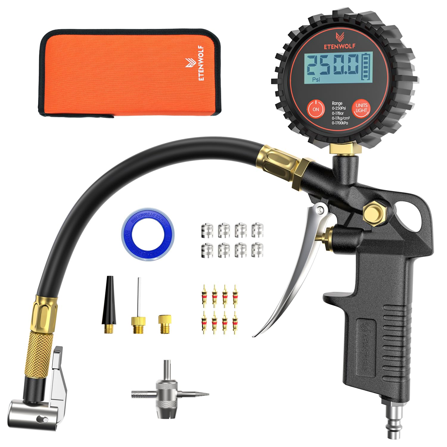 Photo 1 of ETENWOLF T500 Digital Tire Pressure Gauge with Inflator, Tire Gauge 0-250 PSI, Calibrated to ANSI B40.7 Grade 2A, Air Chuck & Compressor Accessories with Storage Bag, Black