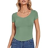 LUYAA Women's Deep V Neck Short Sleeve T Shirts Curved Hem Trendy Summer Going Out 1/2/3 Pack Tops XS-XL