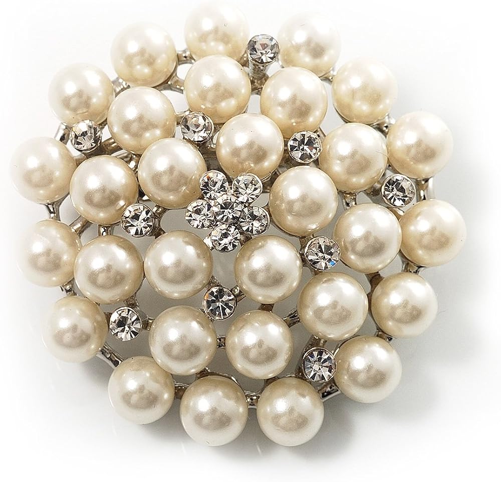 Snow White Simulated Glass Pearl Corsage Brooch, silver, white / ivory, iridescent
