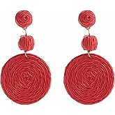 Boho Raffia Ball Earrings for Women, Handmade Statement Drop Earrings Straw Dangle Earrings Beach Vacation Jewelry