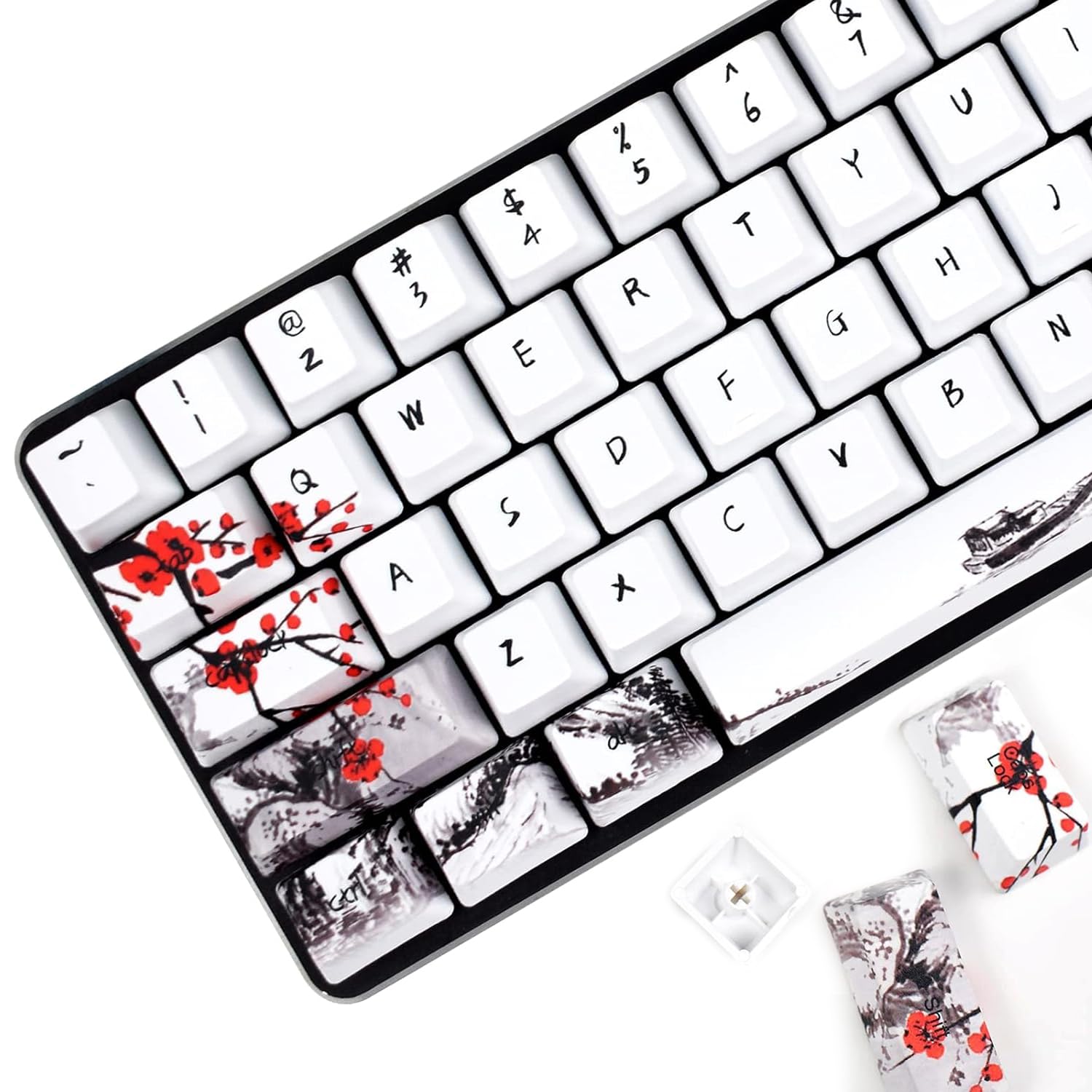 MOLGRIA Plum Blossom Keycaps Mechanical Gaming Keyboards, Custom PBT OEM Profile Key caps Japanese Style with Keycap Puller for Cherry MX 104/87/71/61 60 Percent Keyboard (Plum Blossom 71 EN)