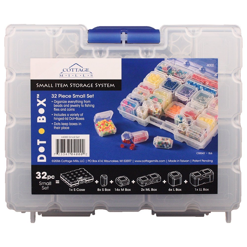 Cottage Mills DotBox® Small Set 32 pcs. 31 storage boxes in a carrying case. It’s the ultimate small item storage system. Perfect for bead, jewelry, craft and small part storage