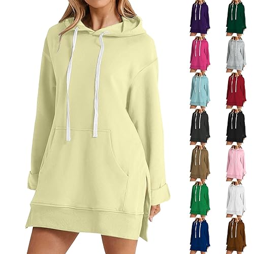 Oversized Hoodies For Women Uk Ladies Side Slits Longline Sweatshirt With Pocket Casual Loose Hooded Sweatshirts Pullover Tops Autumn Winter Thermal Fleece Tops Casual Loungewear Dress Beige