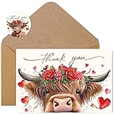 Whaline 36Pcs Valentines Highland Cow Thank You Cards with Envelopes and Stickers Red Roses Heart Cow Greeting Card Valentine's Day Blank Note Cards for Wedding Anniversary