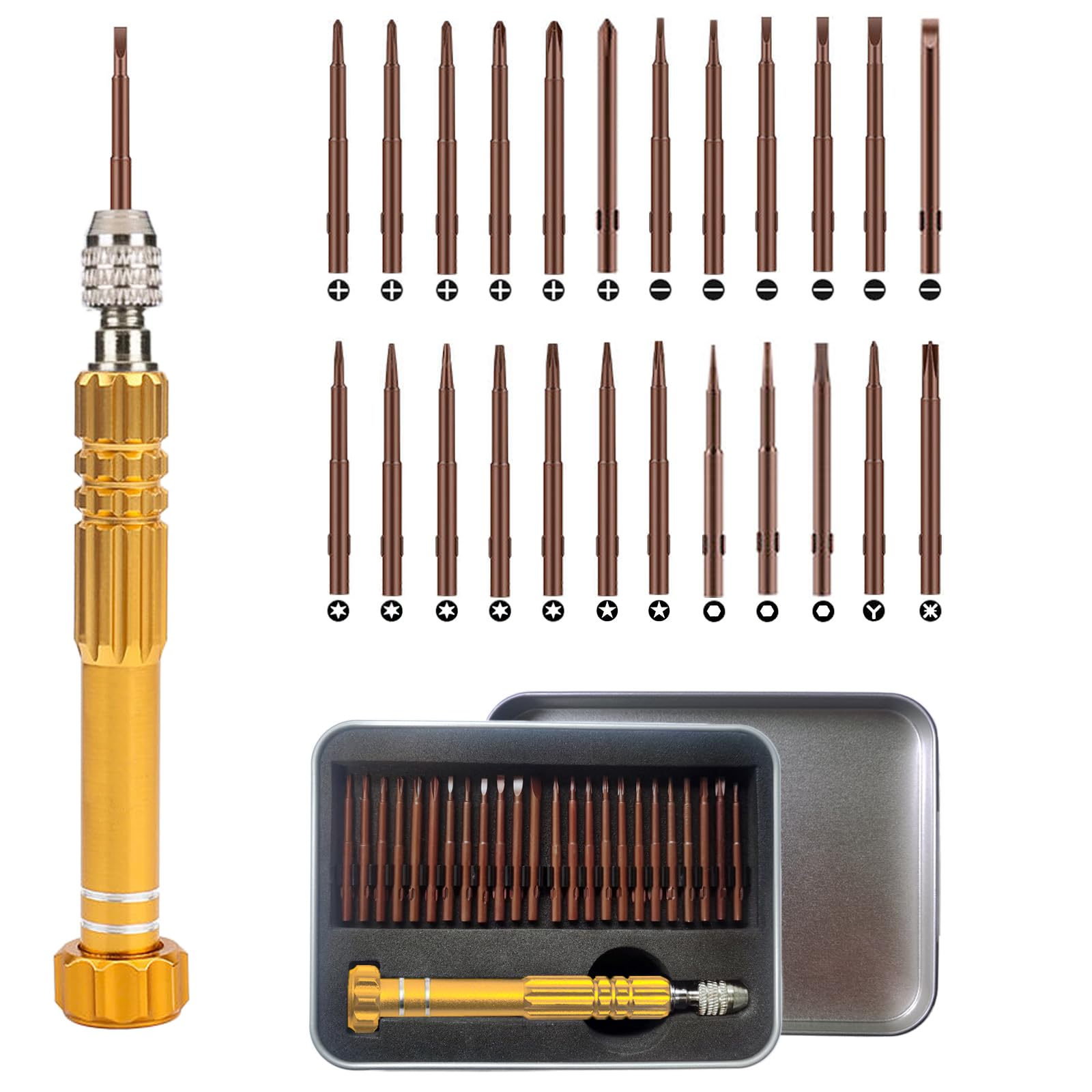 BAKESHU 24-in-1 Mini Screwdriver Set, Miniature Screwdriver, Tiny Precision Screwdriver, Eyeglasses, Sunglasses, Watches, Jewelry, Cell Phone Repair Screwdrivers(Gold)