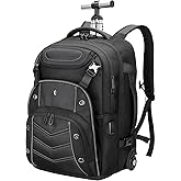 2-in-1 Large Rolling Laptop Backpack for Women Men, 50L Backpack with Wheels, USB Charging Port, TSA Lock & Shoe Compartment Carry On Luggage for Travel, College, Sports, Gym, Weekend Trip
