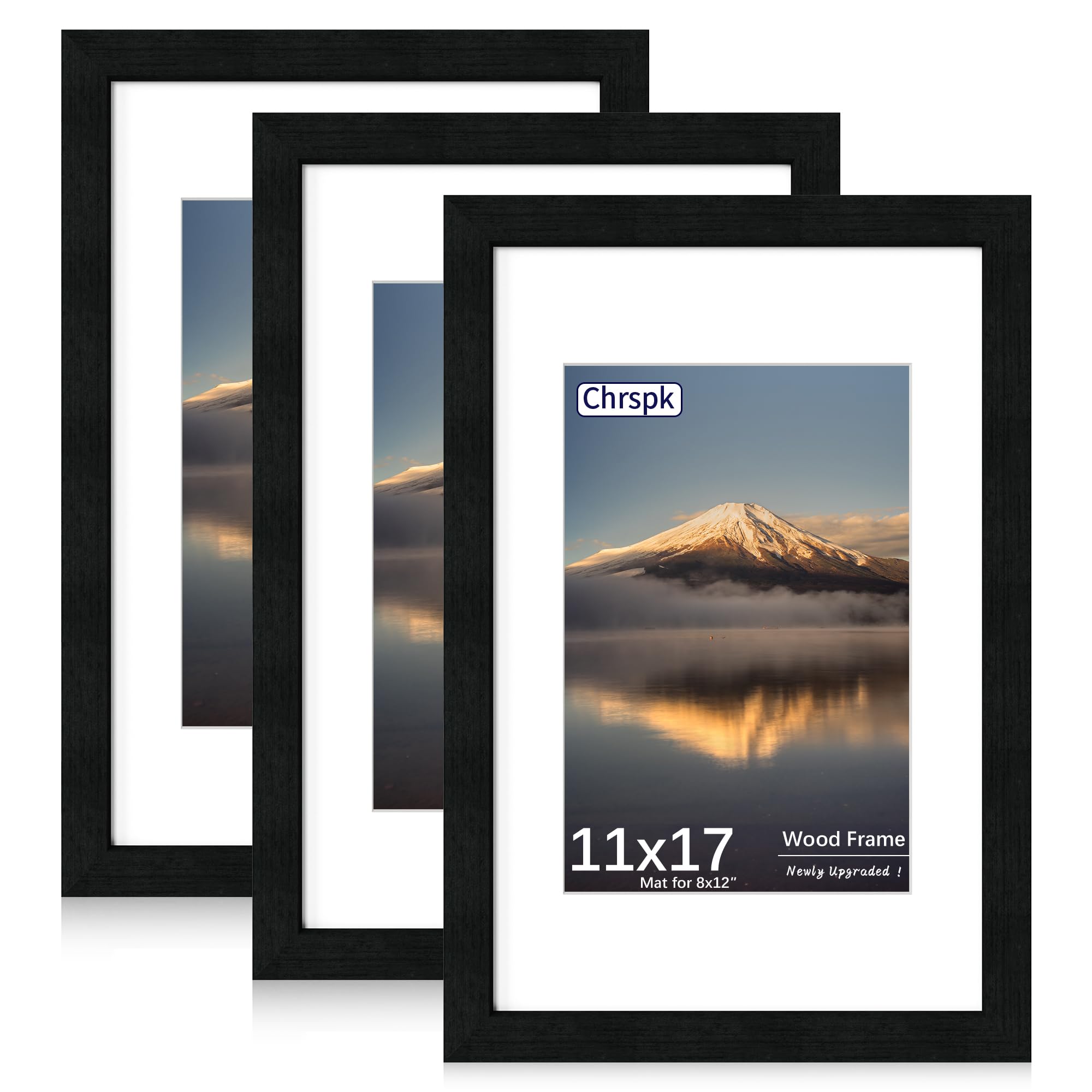 Chrspk 11x17 Poster Frame, Display Pictures 8X12 with Mat or 11x17 Without, Wall Hanging Frames, Black, 3 Pack