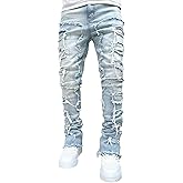 Conshvi Men's Slim Fit Stretch Jeans Distressed Patchwork Stacked Frayed Straight Leg Skinny Denim Pants