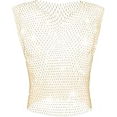 GENEMEN Rhinestone Mesh Top Men Fishnet Tank Top Sexy Sleeveless Cropped Shirt Rave Sheer Vest