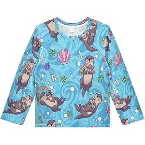 SLHKPNS Boys Rash Guard Long Sleeve UPF 50+ Boys Swim Shirt Quick Dry Shirt for 3-12 Years,Otter Family Rainbow Sea