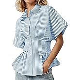 Soamat Womens Peplum Blouse Striped Button Down Shirts Short Sleeve Pleated Shirts Dressy Casual Lapel Summer Business Tops,Blue, Large