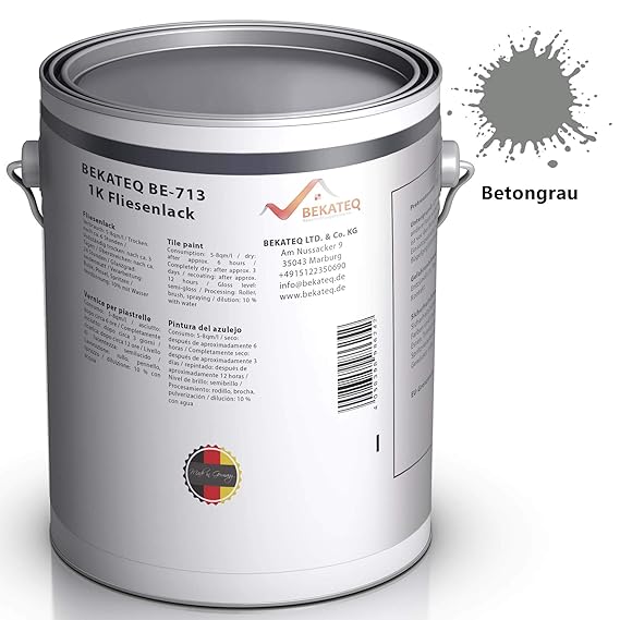 BEKATEQ BE-713 Fliesenlack seidenmatt, 1l Betongrau, Fliesen streichen, Fliesenfarbe für Wandfliesen