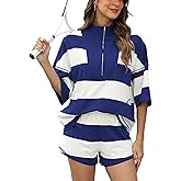 HOWALOOK Women’s 2 Piece Striped Workout Set Oversized Zip Up Tee and Wide Leg Shorts Athletic Lounge Shirt and Shorts(DarkBlue-M)