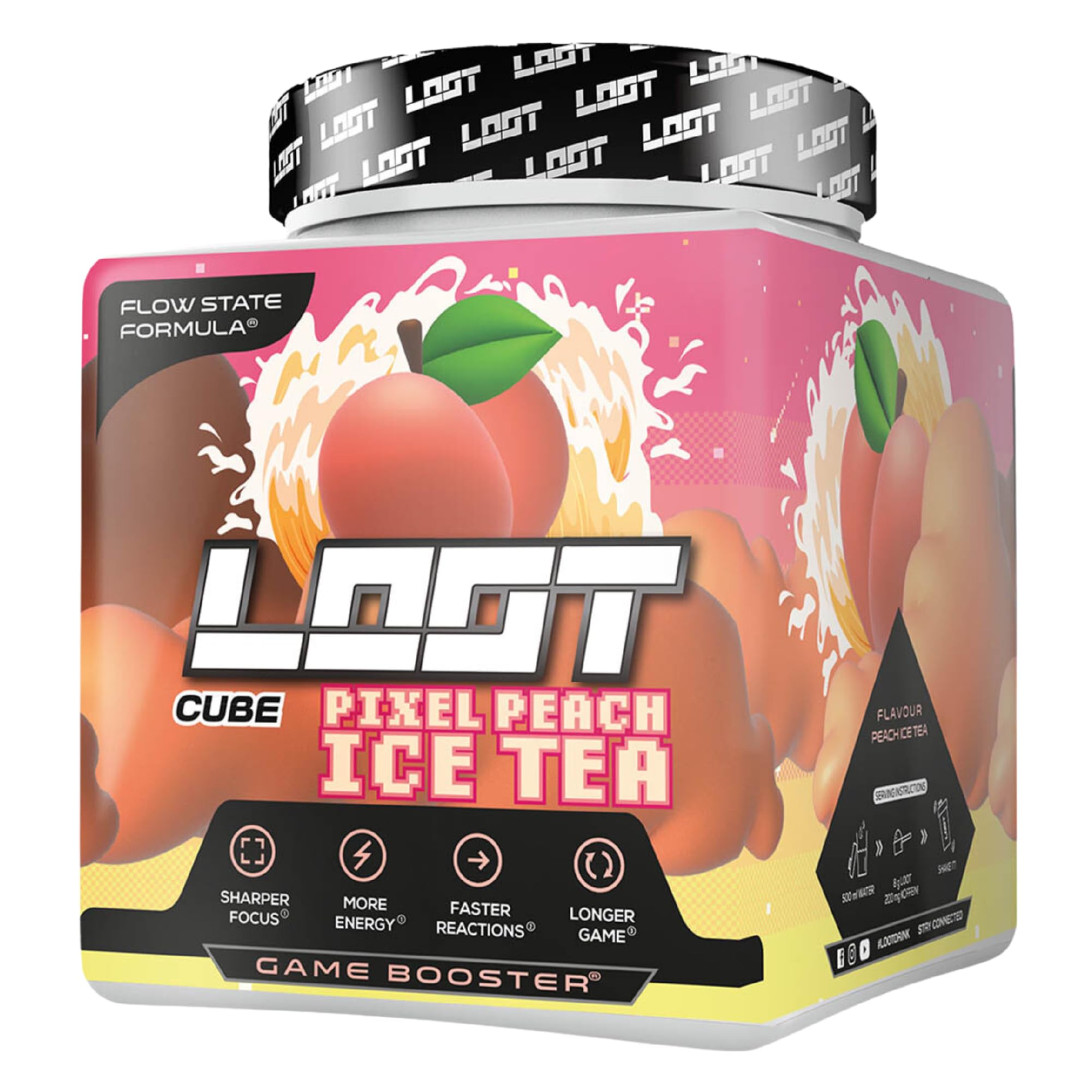 LOOT® - Premium Energy Drink Powder with Flow-State® Formula - 50 Servings (400g) with Caffeine - 20 Ingredients - Unique Design - Concentration and Energy Formula - Pixel Peach