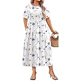 IN'VOLAND Plus Size Casual Dress for Women Bohemian Short Sleeve Flowy Loose Maxi Summer Beach Swing Dresses with Pockets