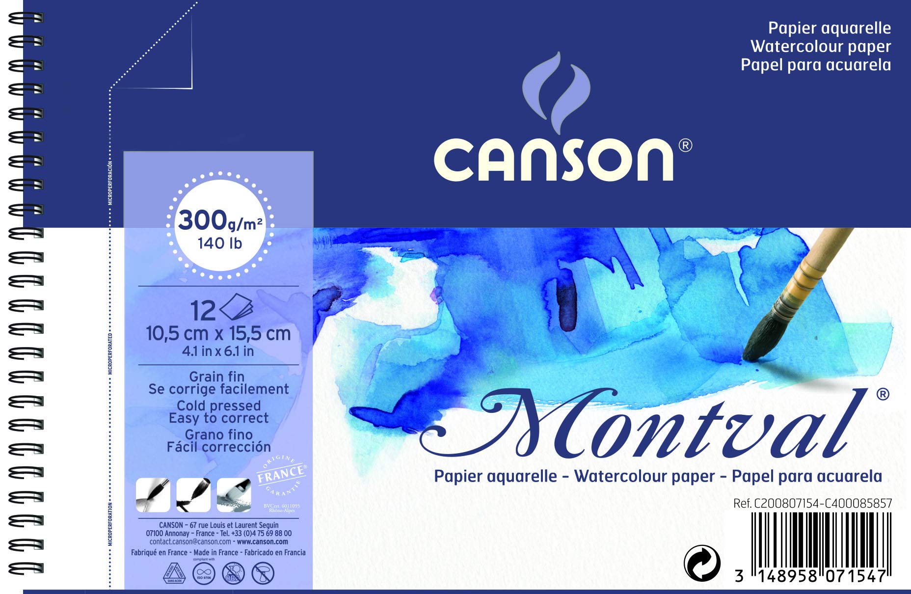 Canson Spiral-Bound Notepad AQ Montval Fine Watercolour 300 g/m² 12 Sheets per Pad Spiral on Short Side White 10.5 x 15.5 cm White