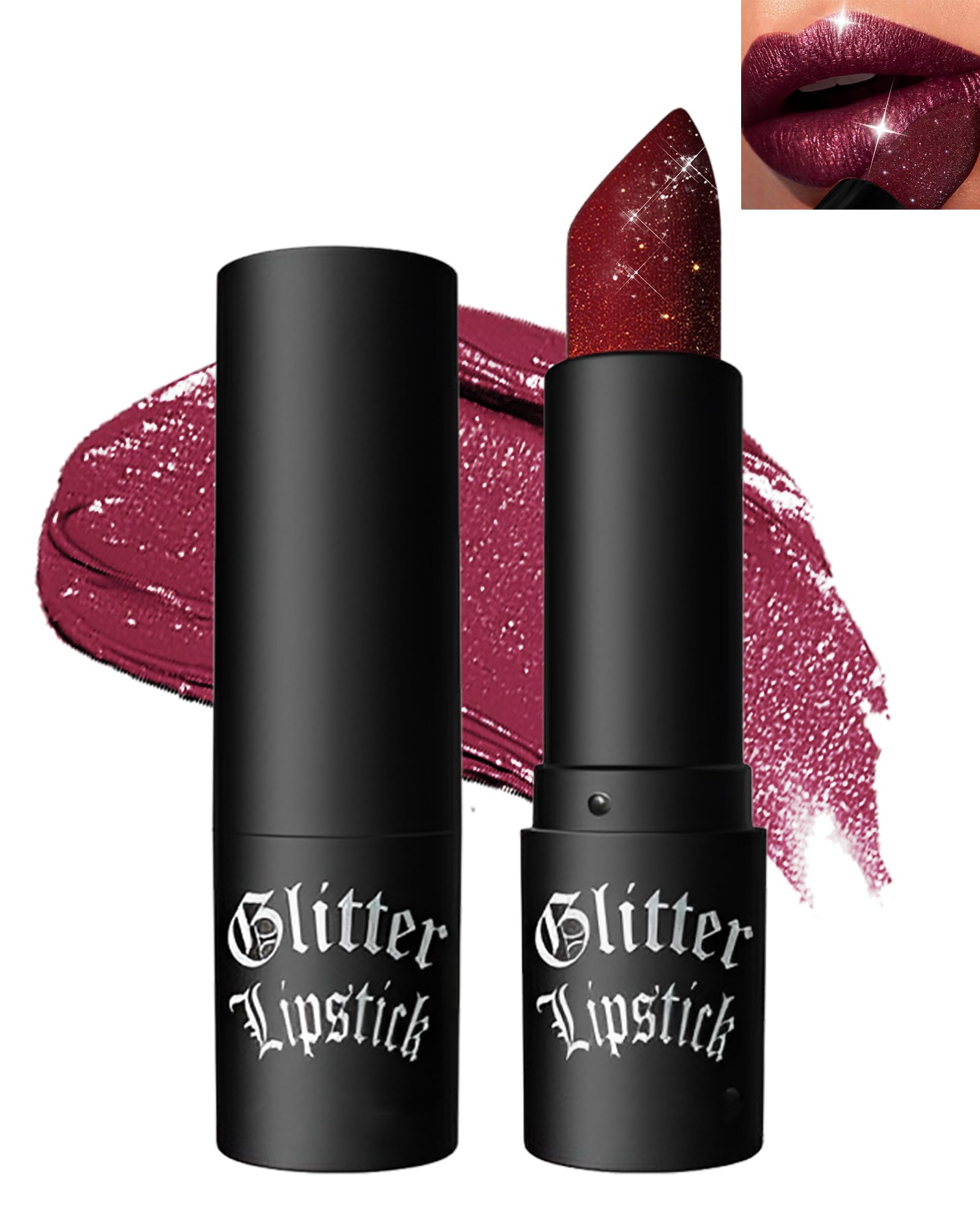 Wine Red Diamond Glitter Matte Lipstick, Gothic Shiny Lip Gloss, Sparkling High Pigment Longlasting Waterproof Smudgeproof Non-Stick Cup, Bold Shimmer Lip Blam for Cosplay, Halloween Party Makeup-07