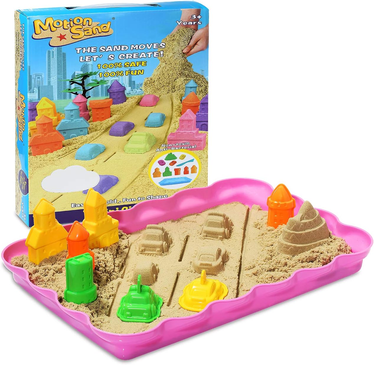 MOTION SAND Mini City Molds Set Play Sand Includes 2 lbs Natural Play Sand, 1 Tray, 1 Slicing Tool, and 9 Molds for Kids 100% Non-Toxic Sand Molding Kit for Children and Adult