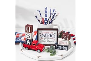 GOGREENWOVEN 4th of July Decorations - Farmhouse Memorial Day Decor - Rustic Patriotic Tiered Tray Decor - Red, White And Blue Wooden Blocks Decor for Home Kitchen Table Bedroom Indoor (Tray Not Included)