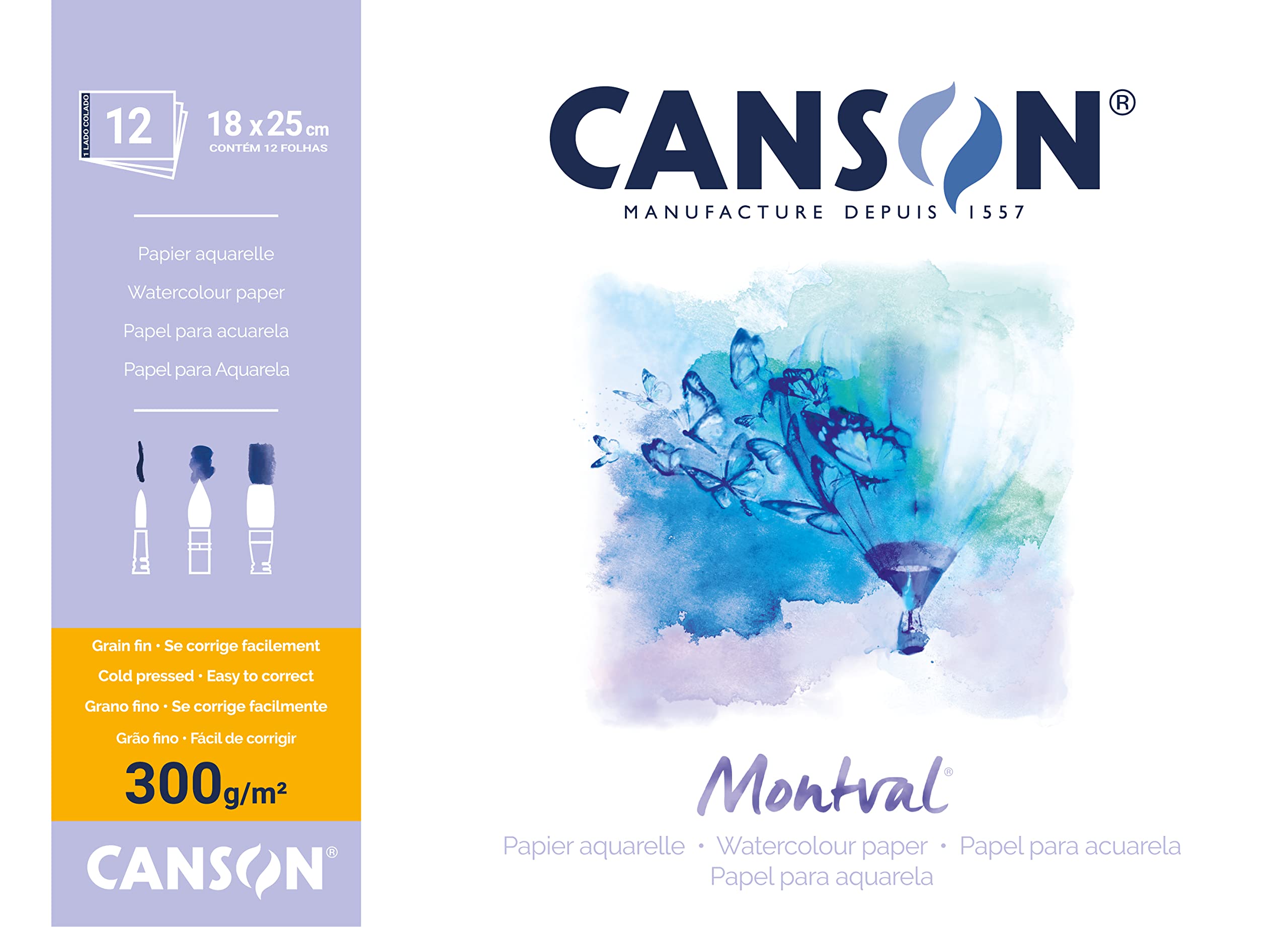 Canson Montval 300gsm watercolour practice paper pad including 12 sheets, size:18x25cm, natural white and Cold Pressed (Not)