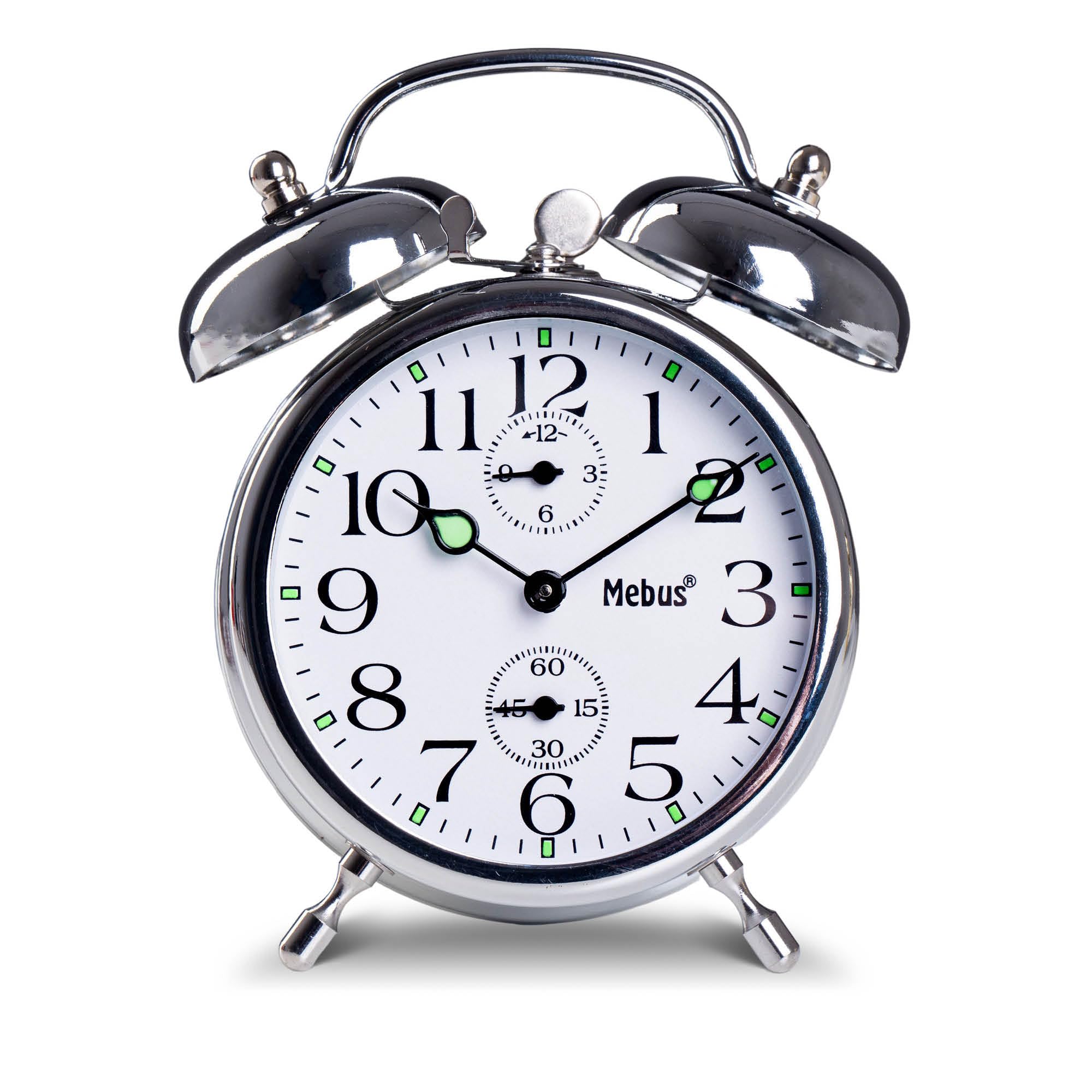 Mechanical lift alarm clock with classic bell ringer, illuminated hands — more retro is not possible/Colour: silver, Instruction manual (in German)