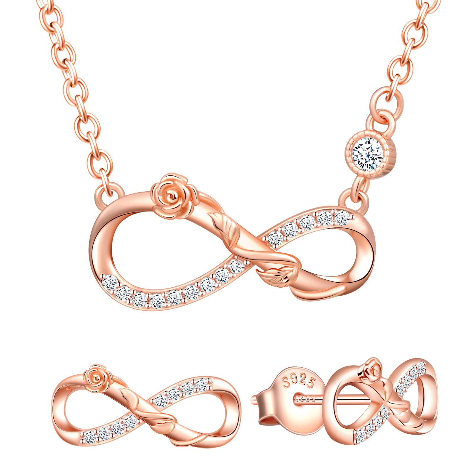 Yumilok 925 Sterling Silver Infinity Rose Flower Necklace Earrings for Women Jewellery Set