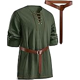 PARTTELY Mens Pirate Shirt Cotton Linen Long Sleeve Lace Up Renaissance Shirt Medieval Costume Men with Belt for Halloween