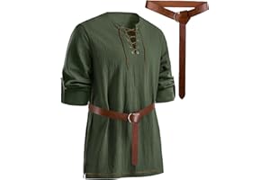 PARTTELY Mens Pirate Shirt Cotton Linen Long Sleeve Lace Up Renaissance Shirt Medieval Costume Men with Belt for Halloween