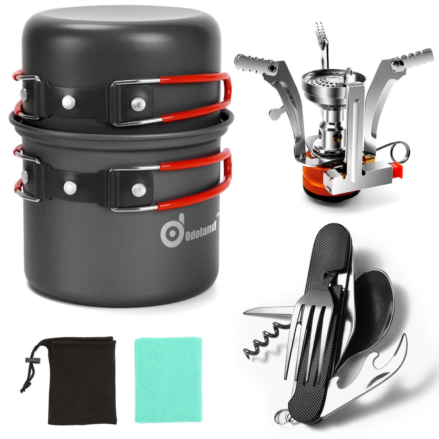 Odoland Camping Cookware Set 6 PCS with Mini Camping Stove Gas Cooker Outdoor Cookware Aluminium Camping Pot and Foldable Cutlery Cleaning Cloths for Outdoor Picnic Hiking 1 Person