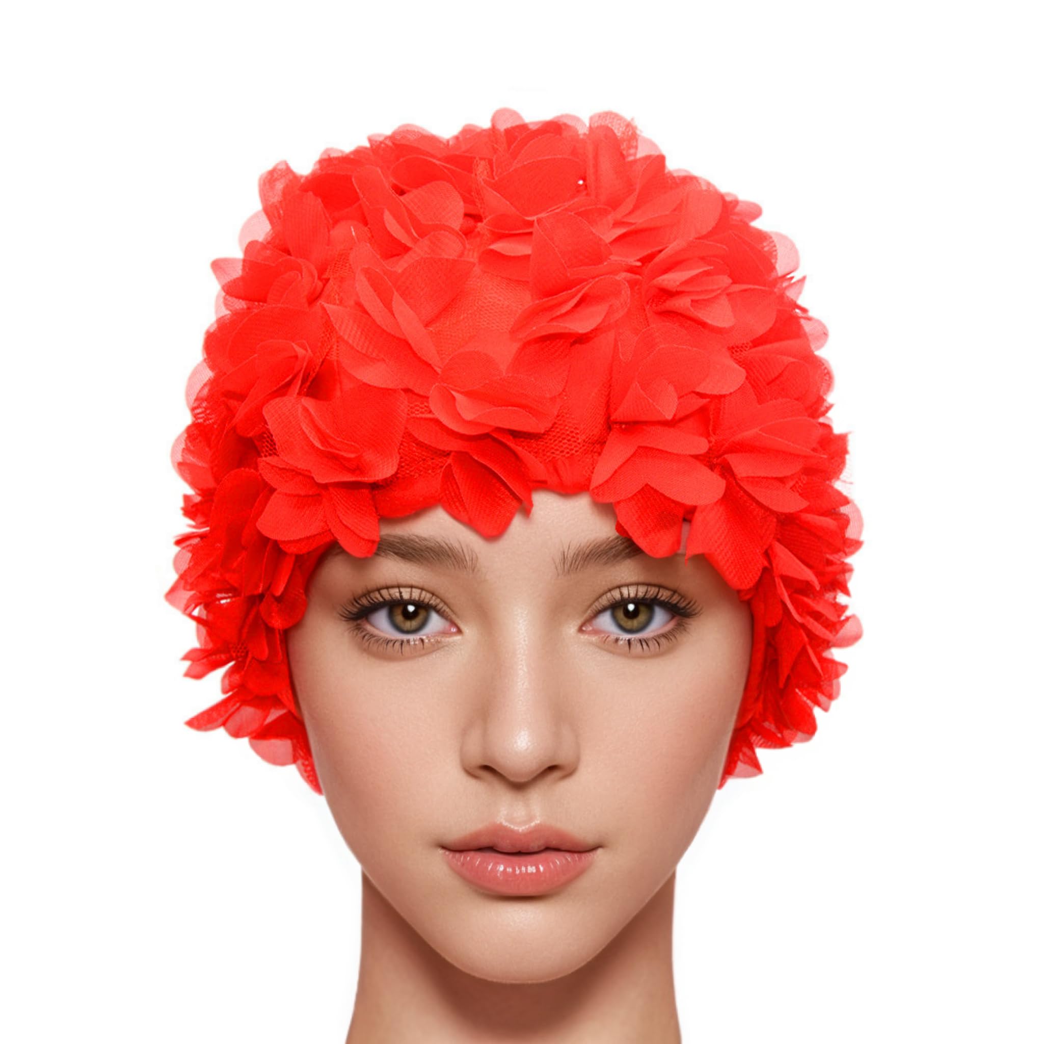 Medifier Lace Vintage Swim cap Floral Petal Retro Style Bathing Caps for Women Red