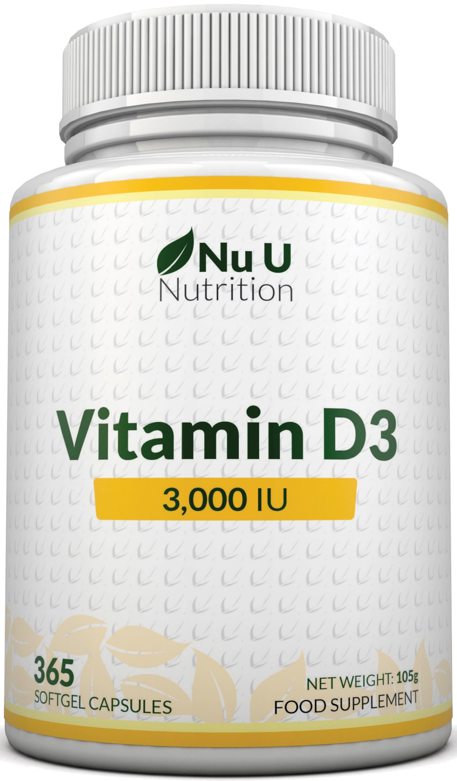 Vitamin D 3000IU - 365 Softgel Capsules - 1 Year Supply - Triple Strength Vitamin D3 Supplement - High Absorption Cholecalciferol - Made in the UK - Nu U Nutrition