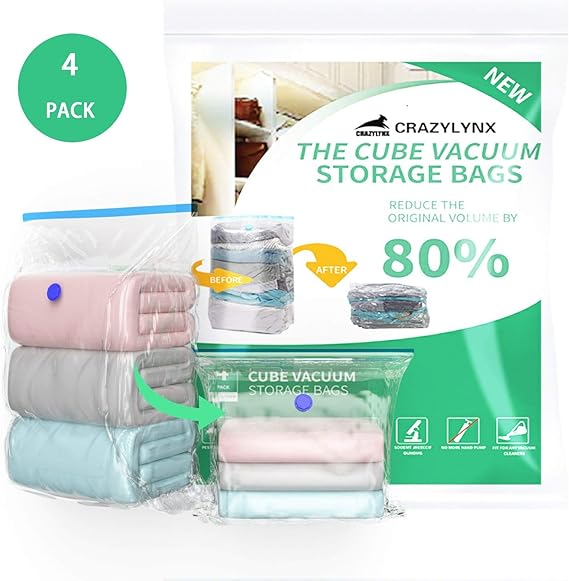 CrazyLynX Cube Vacuum Storage Bags Pack of 4 Jumbo 100x80x38cm Reusable
