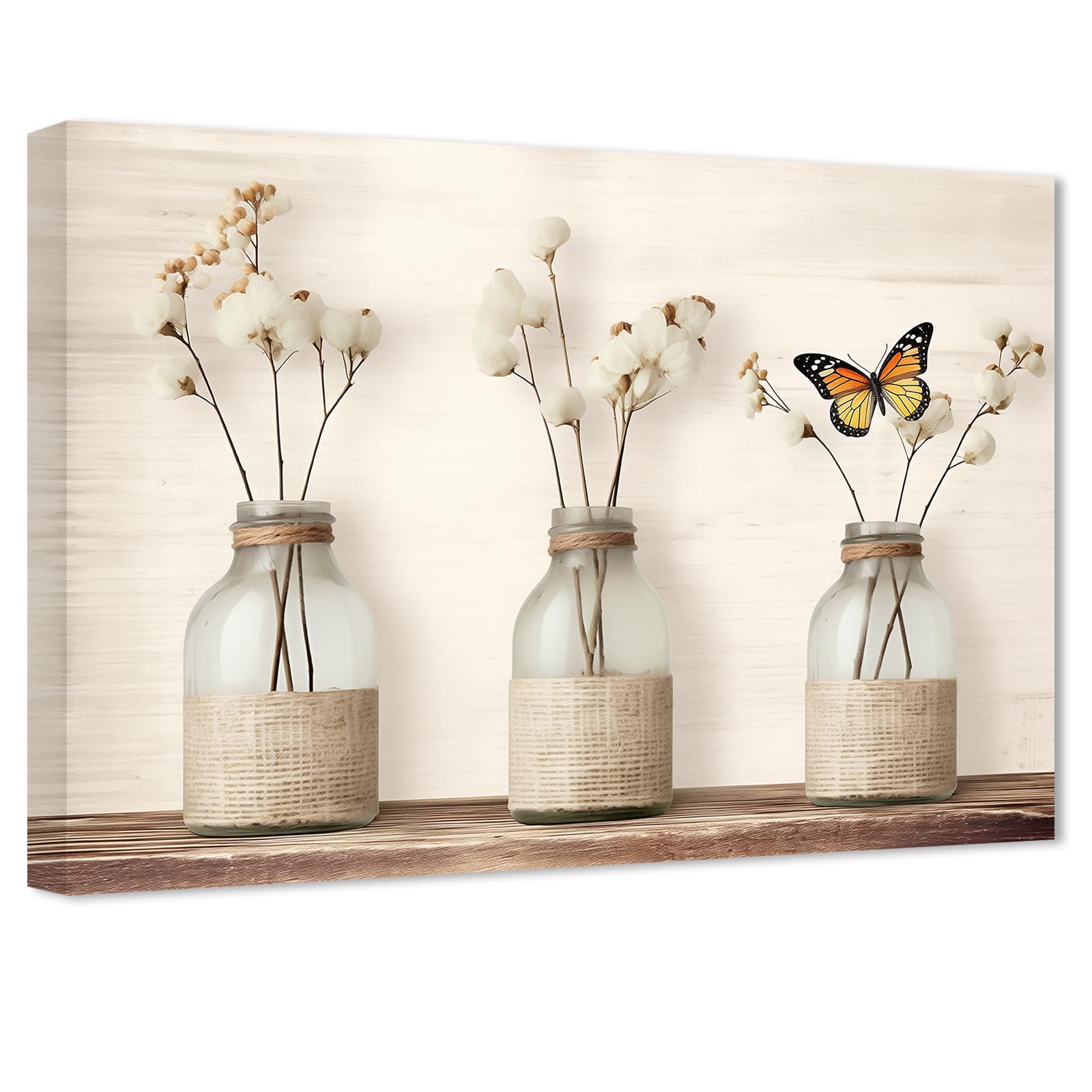 ZXHYWYM Rustic Kitchen Wall Art Butterfly Cotton Flower in Vase Picture Farmhouse Floral Canvas Prints Beige Botanical Artwork Bathroom Wall Decor(Picture-1, (16.00" x 24.00"))