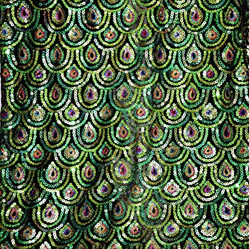 Eye Of The Peacock Multicolour Green Blue Pink Sequin on Black 2 Way Stretch Mesh 100% Polyeter Fabric 58 Inch Wide By the Yard