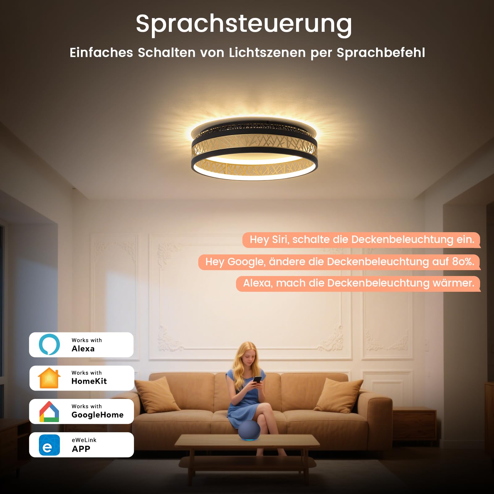 Yuanfenghua LED Deckenleuchte Mit Fernbedienung, Dimmbar Schlafzimmer Lampe with Matter Kompatibel Mit Alexa,HomeKit,Google and eWeLink APP, Rund Schwarz Gold Aushöhlen Design Wohnzimmer Ø50×H12CM 3